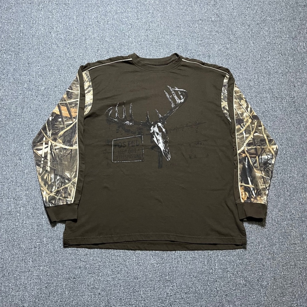 Buckhorn River Long Sleeve Shirt XL Brown Camo Deer Skull Hunting Graphic Tee